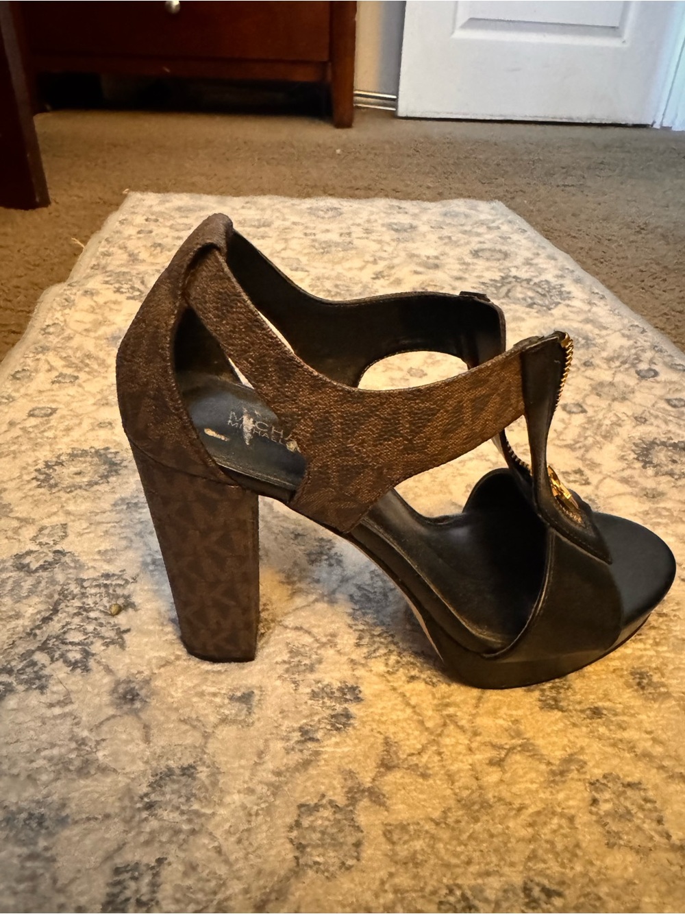 Michael Kors Brown Logo-Print Platform Heeled Sandals with Zip Accent
